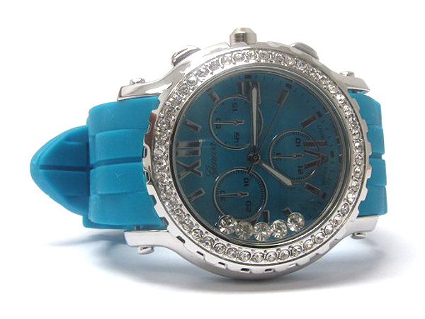 Crystal frame floating stone round face fashion rubber band watch