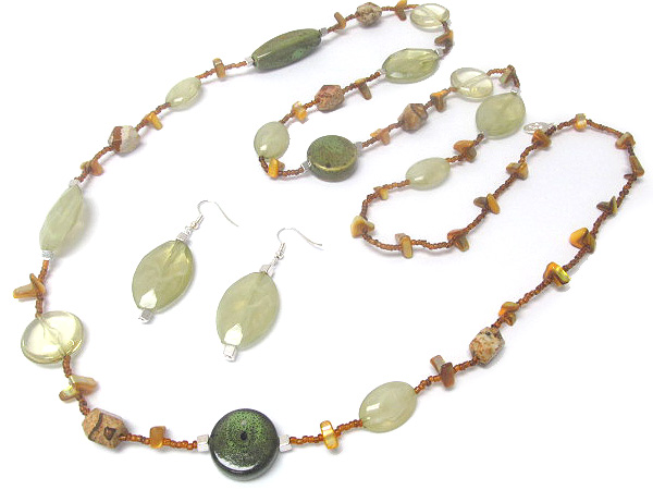 Multi acryl mixed shape and small metal square with seed beads and chip shell long necklace earring set