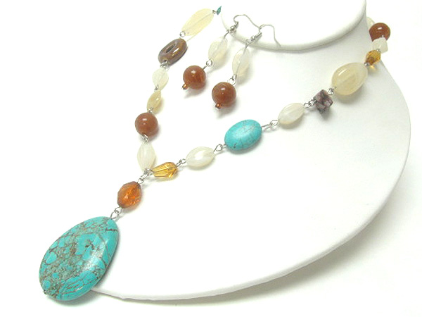 Multi mixed acrly shape and natural stones drop  oval natural stone necklace earring set