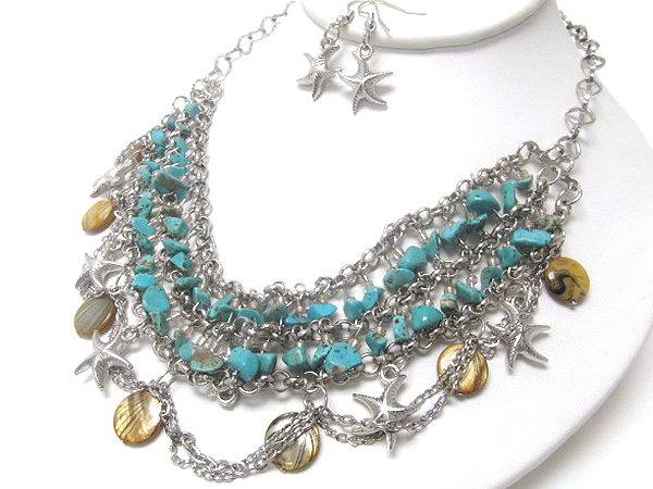 Multi chip stone and shell multi metal small star fish drop multi  chain necklace earring set