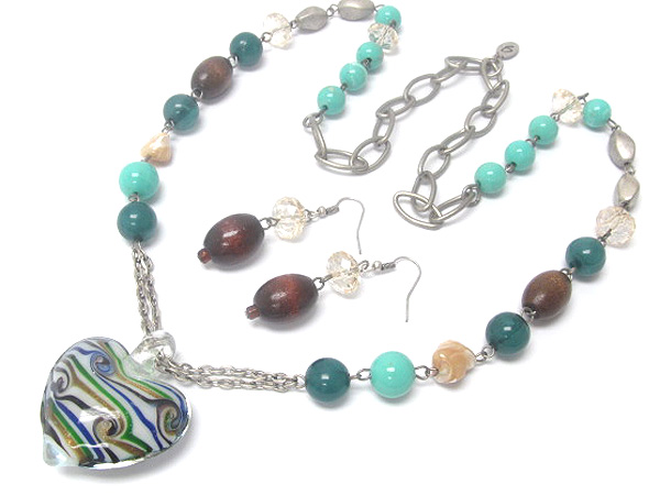 Murano glass puffy heart and multi acryl balls and metal oval and crystal glass drop long  chain necklace earring set