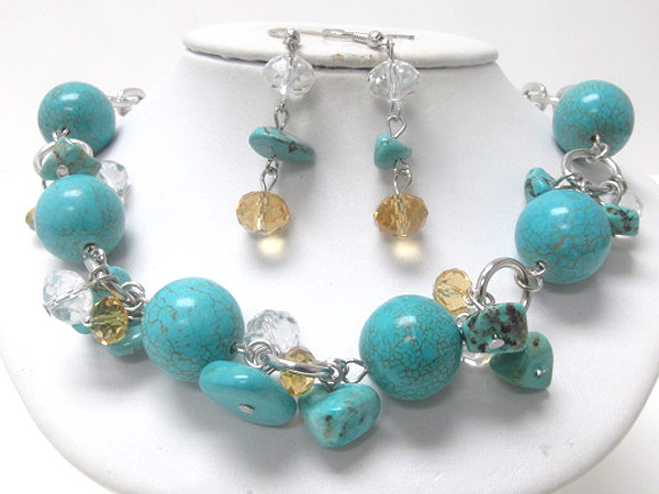 Multi turquoise chip stone and multi natural stone balls with crystal glass fashion chain necklace earring set