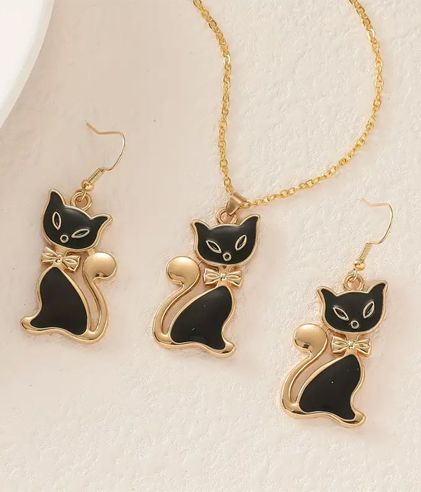 Black cat necklace earring set