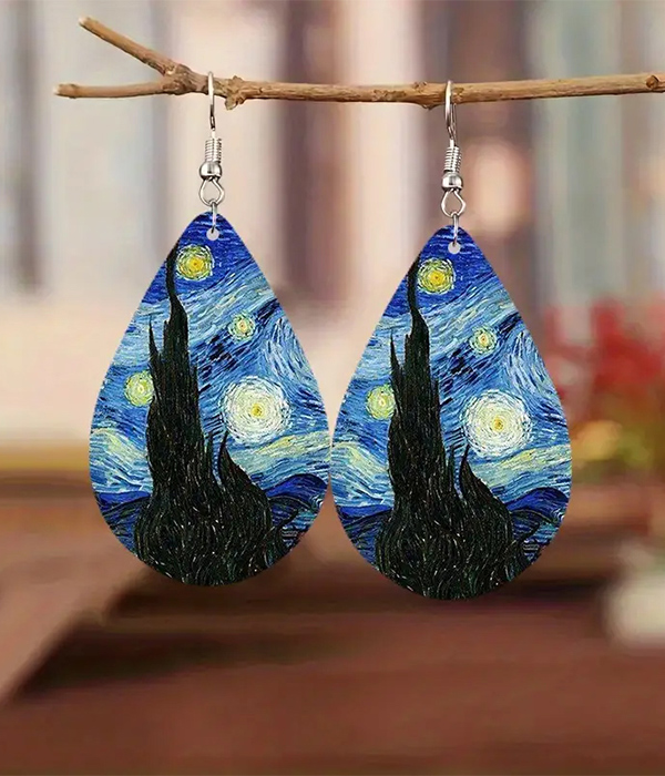 Painting art wood teardrop earring - starry night