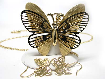 Metal filigree butterfly pendant necklace earring set