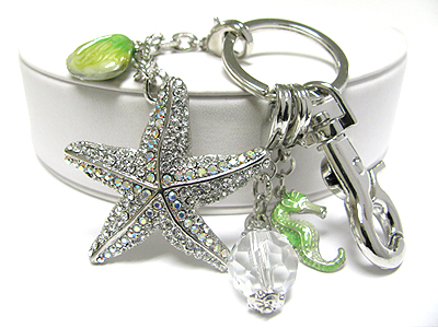 Crystal starfish and sea animal key chain charm