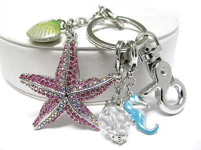 Crystal starfish and sea animal key chain charm