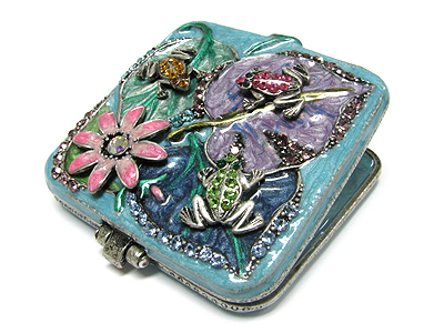 Crystal and epoxy art flower and frogs hand mirror