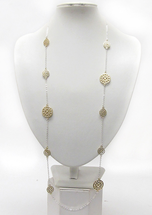 Metal filigree multi disk link long station necklace