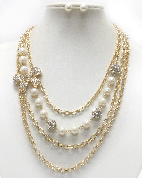 Multi crystal ball and pearl and multi chain necklace earring set