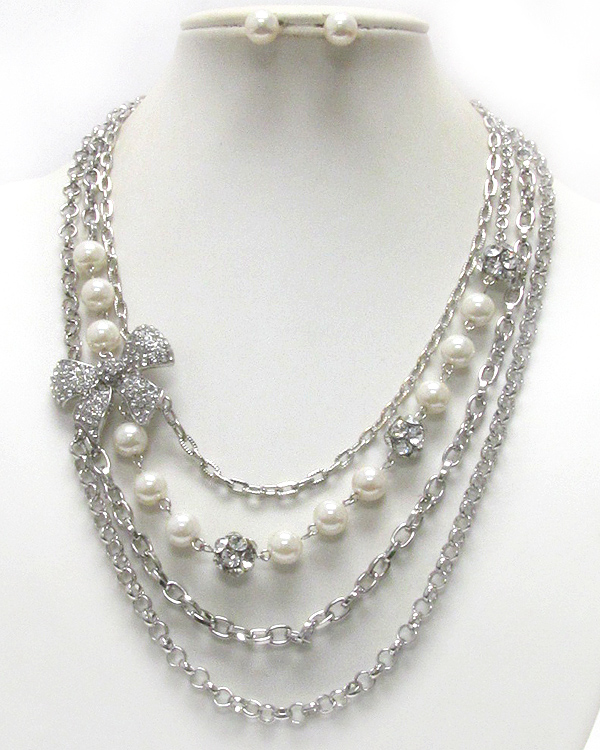 Multi crystal ball and pearl and multi chain necklace earring set