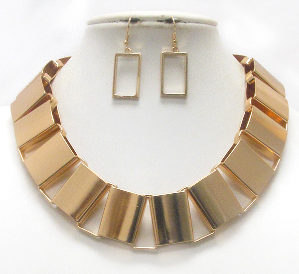 Wide and flat metal tube link necklace earring set