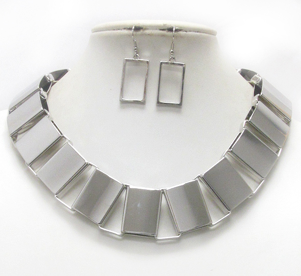 Wide and flat metal tube link necklace earring set