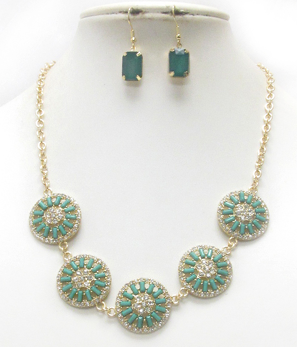 Crystal and acrylic stone deco flower disk link necklace earring set