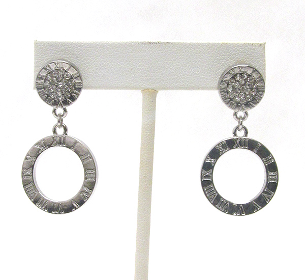 Crystal and roman letter deco disk drop earring