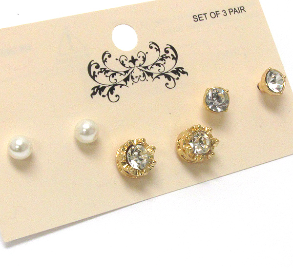 Pearl and crystal earring set of 3