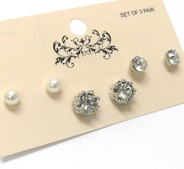 Pearl and crystal earring set of 3