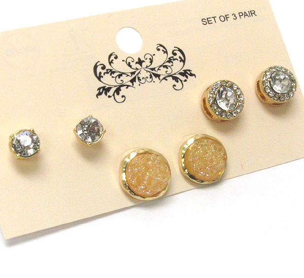 Crystal and acrylic stone stud earring set of 3