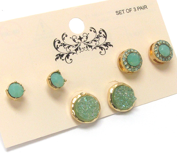 Crystal and acrylic stone stud earring set of 3