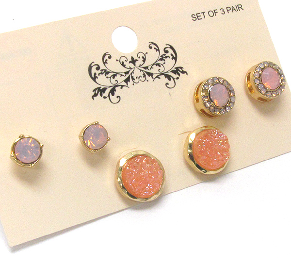 Crystal and acrylic stone stud earring set of 3