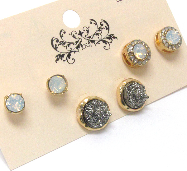 Crystal and acrylic stone stud earring set of 3