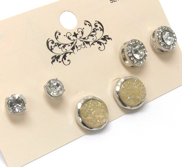 Crystal and acrylic stone stud earring set of 3