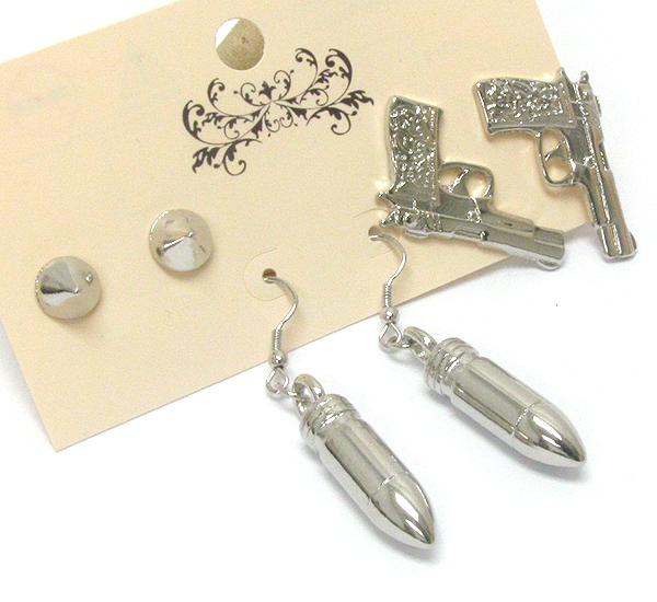 Metal gun and bullet earring set of 3