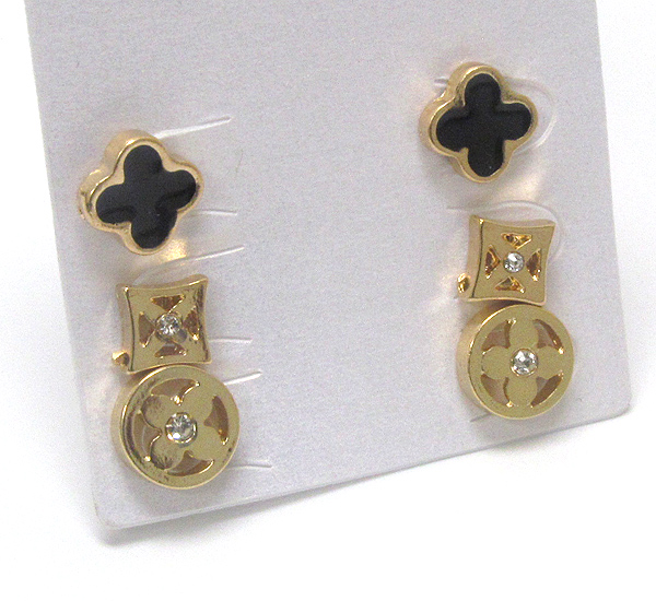 Crystal and epoxy deco clover stud earring set of 3