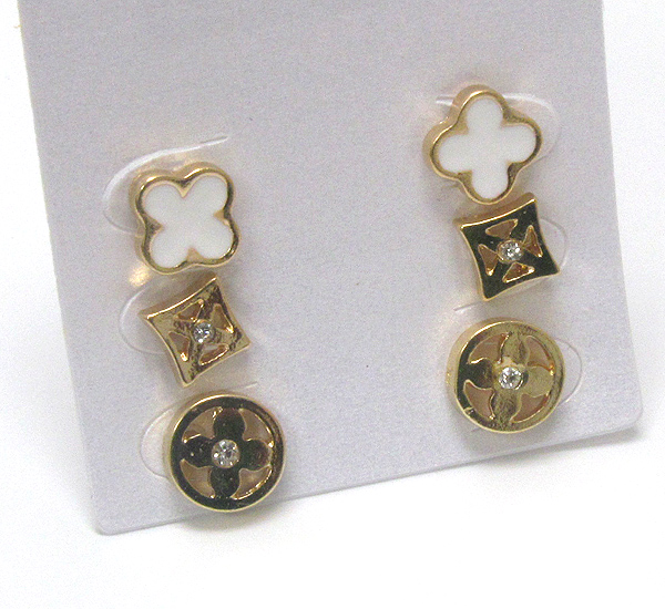 Crystal and epoxy deco clover stud earring set of 3