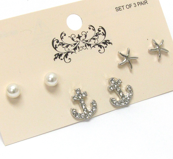 Crystal anchor and pearl earring set of 3