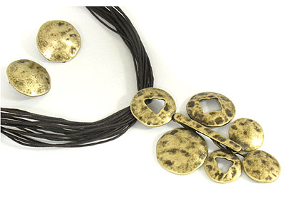 Antique gold hammered disk and multi synthetic fiber necklace set