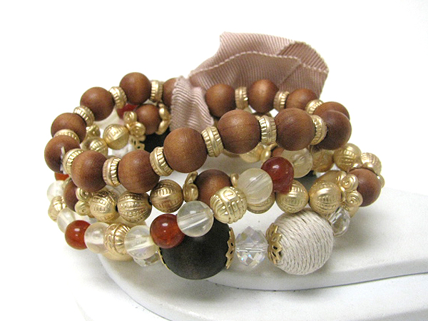 Multi wood and metal ball beads link stretch bracelet