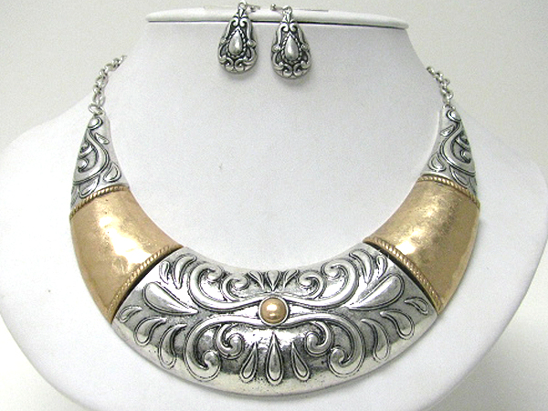 Architectural hammered and textured metal crecent link half chocker necklace earring set