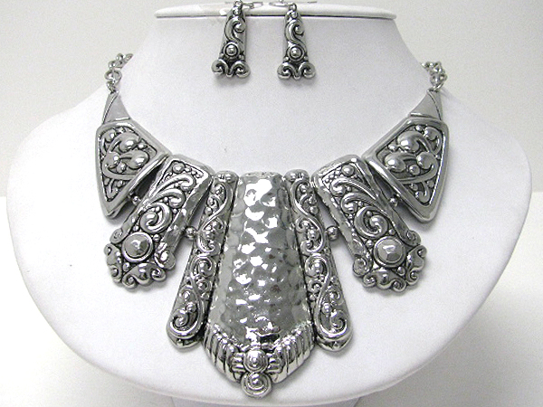 Architectural hammered and textured multi metal bar tribal style statement necklace earring set