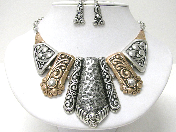 Architectural hammered and textured multi metal bar tribal style statement necklace earring set