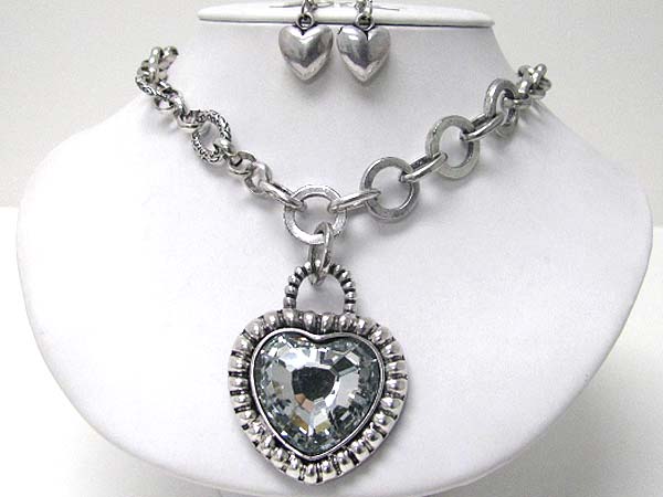 Large glass heart pendant chain necklace earring set