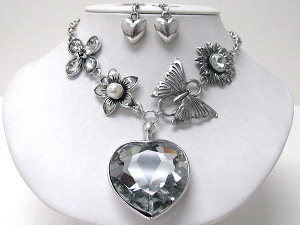 Large glass heart pendant and butterfly and flower charm link necklace earring set