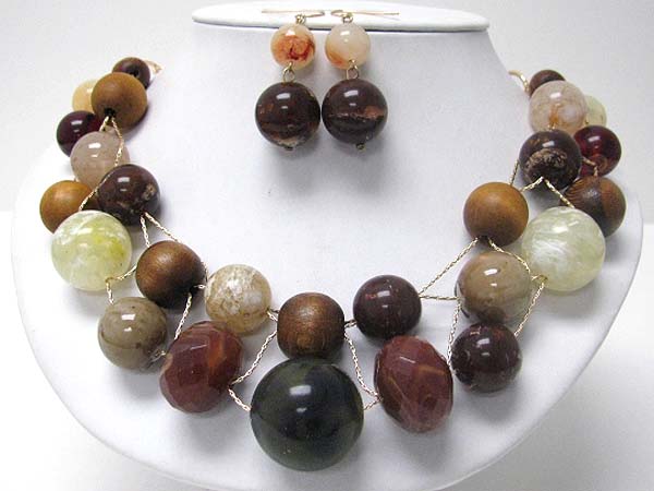 Multi natural material and wood ball link necklace earring set