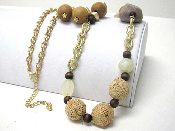 Multi natural material and wood ball link long necklace earring set