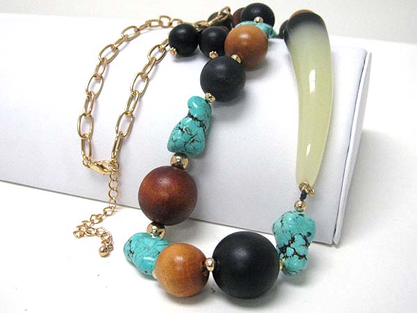 Multi natural material and wood ball link long necklace earring set