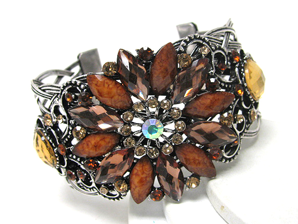 Crystal and facet glass flower deco flexible metal bracelet