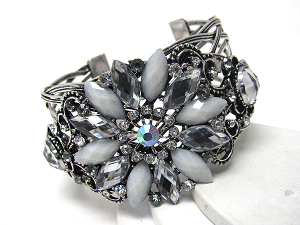 Crystal and facet glass flower deco flexible metal bracelet