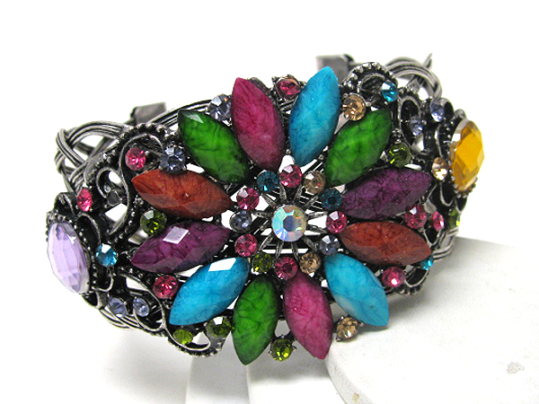 Crystal and facet glass flower deco flexible metal bracelet