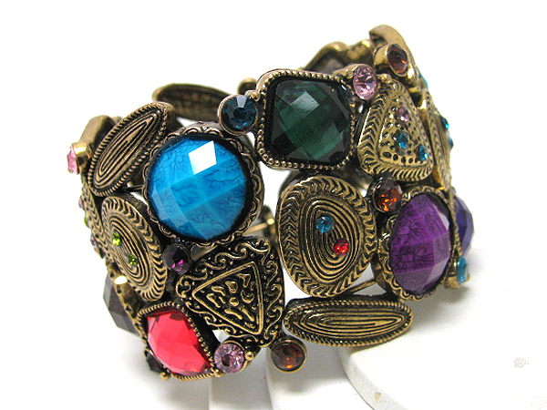 Multi crystal and mixed geometric pattern metal bracelet