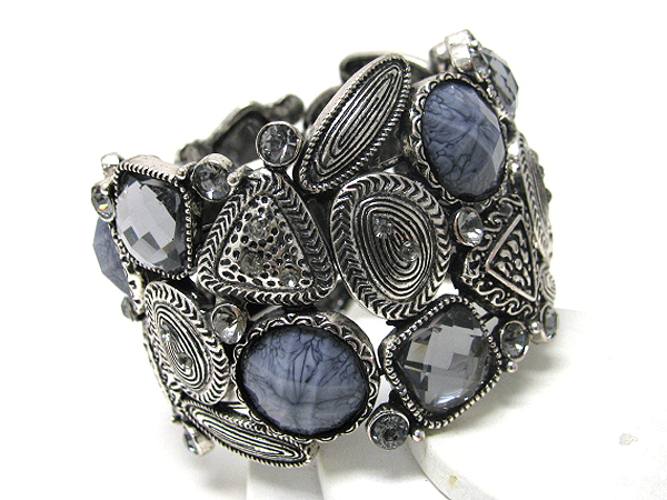 Multi crystal and mixed geometric pattern metal bracelet