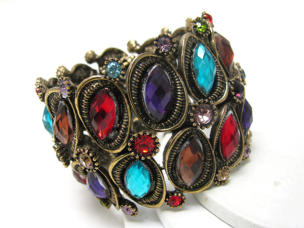 Multi crystal and glass stone deco flexible wire metal bracelet