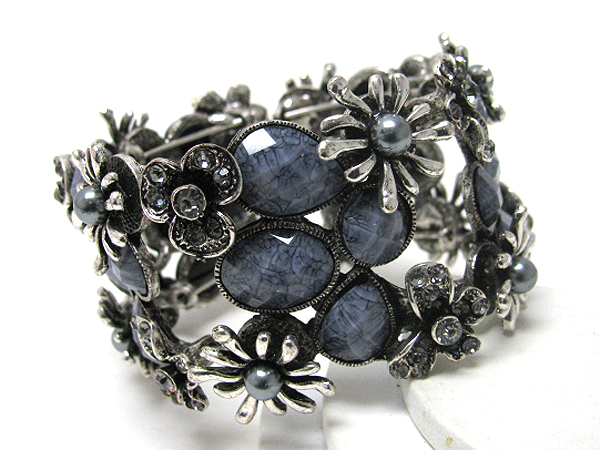 Multi cyrstal and pearl deco flower theme flexible wire metal bracelet