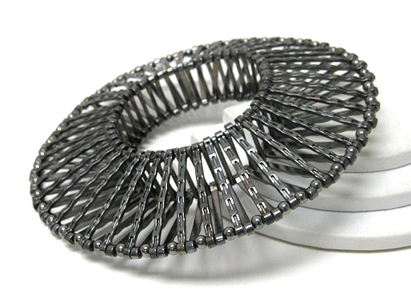 Textured metal bar link designer style tube stretch bracelet