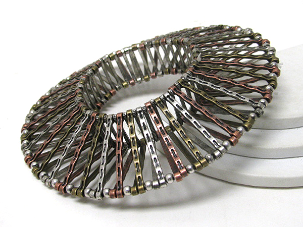 Textured metal bar link designer style tube stretch bracelet