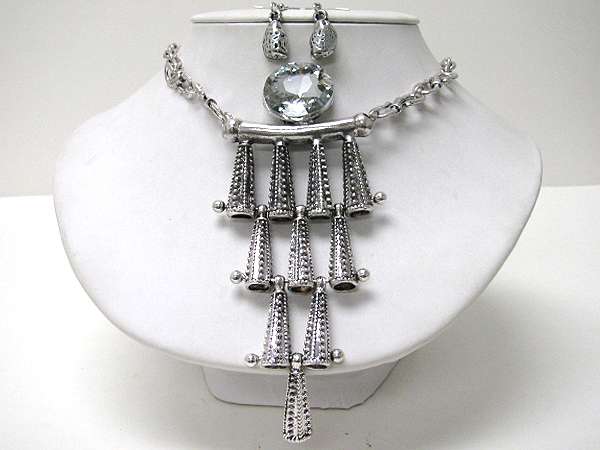 Large facet glass and multi metal tube drop necklace earring set